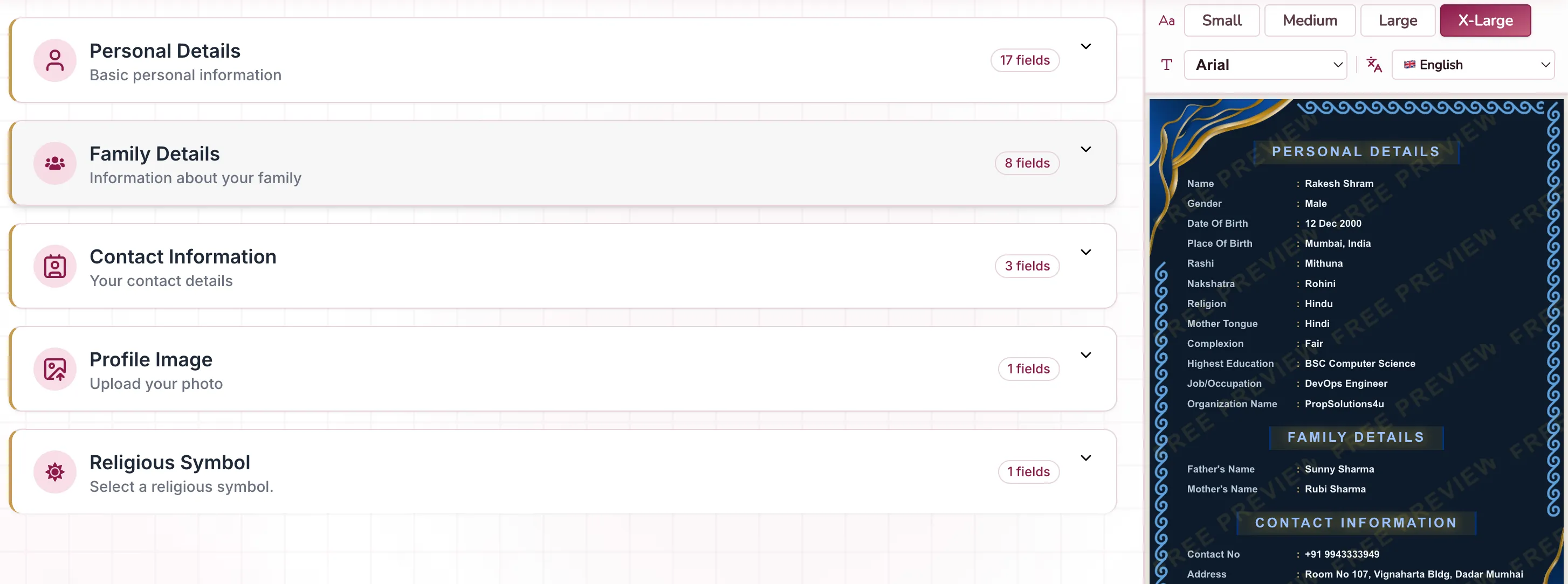 Clean and modern marriage biodata maker interface showing the form fields for creating biodata online