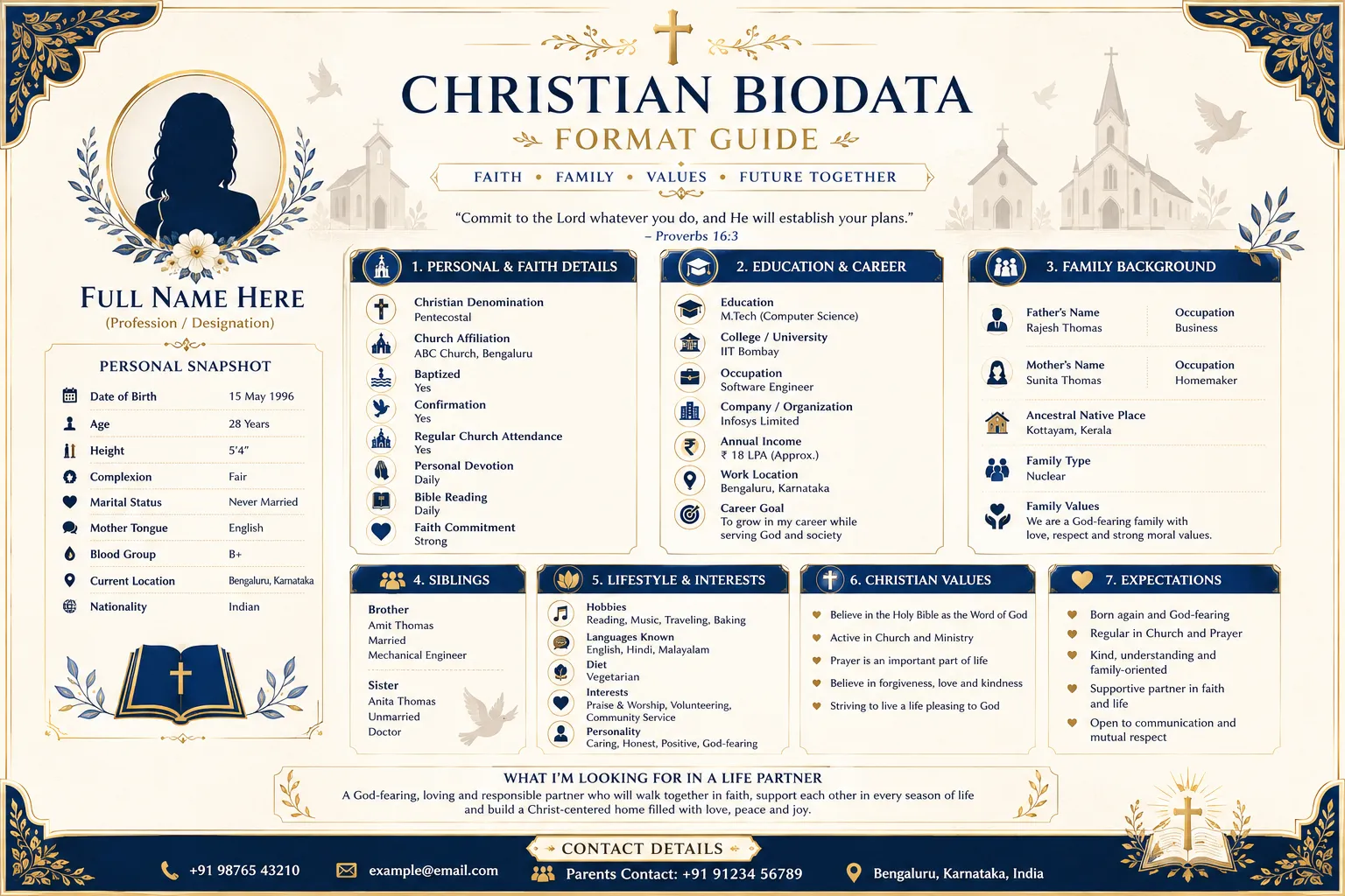 Full-page example of a Christian marriage biodata with modern clean design and church affiliation fields