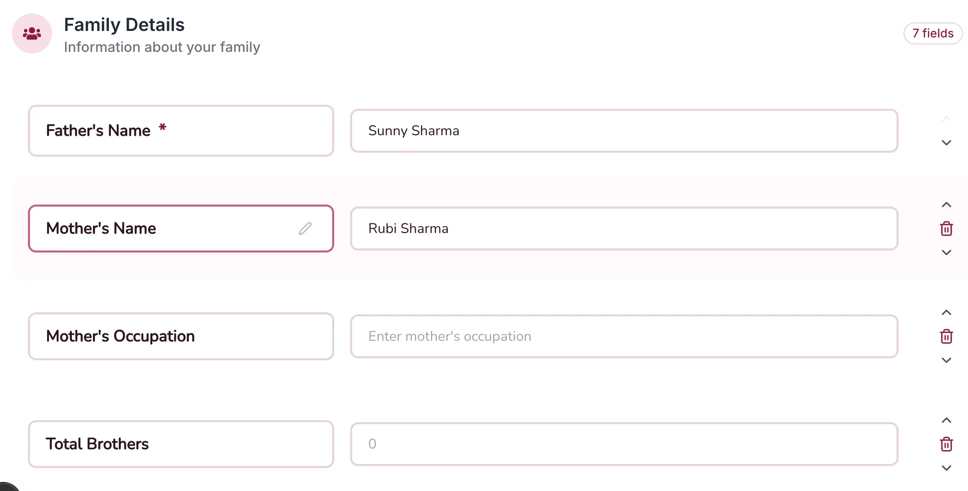 Screenshot of the family details form in the biodata maker showing fields for father, mother, and siblings information