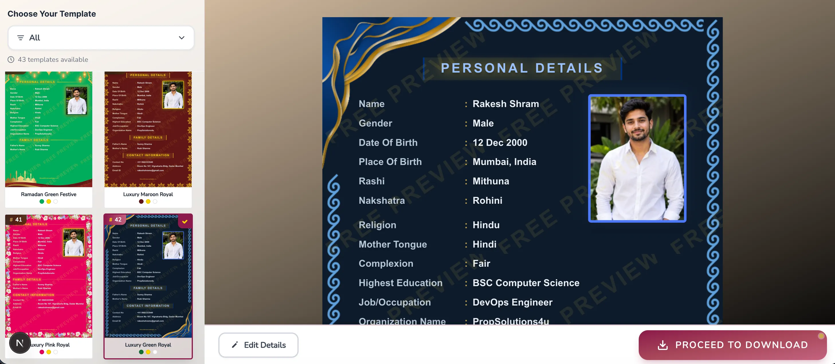 Large screenshot of the biodata preview and customization page showing template options, font choices, and color settings