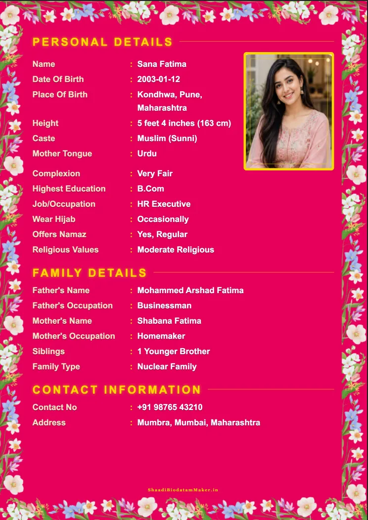Muslim Girl Marriage Biodata